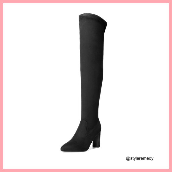 Women Pointed Toe Over-the-knee Boots Sexy Zipper Faux Suede  Faux Suede Over the Knee Boots with Chunky Heels and Pointed Toe